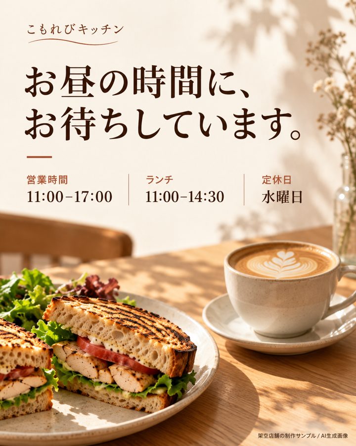 こもれびキッチン（架空）の営業時間のお知らせ画像
